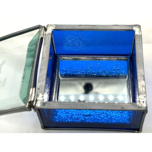 Stained Glass Trinket Box Cobalt Blue Mirrored Bottom Etched Stage Coach Hinged‎ - Picture 7 of 16